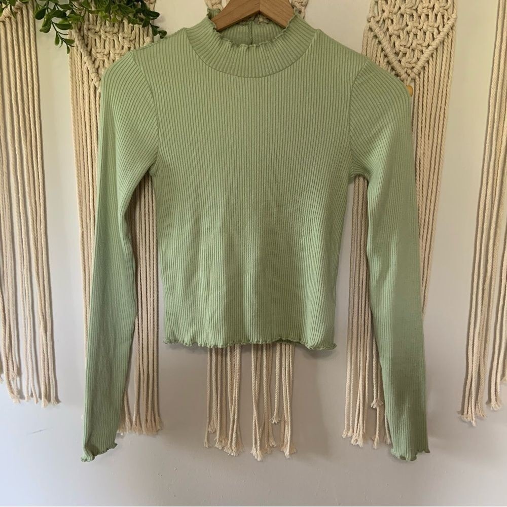 AMERICAN EAGLE Women's Mock Neck Ruffle Ribbed Long Sleeve T Shirt Green Size XS